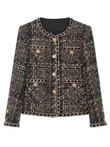 Women's Button Front Tweed Jacket, Elegant Fashion Casual Round Neck Outerwear for Daily Outdoor Wear, Women Clothing for Spring Fall