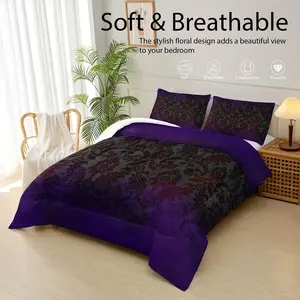 3pcs Black & Purple Floral Comforter Set - Victorian Gothic Paisley Bedding | 1 Comforter + 2 Pillowcases | Soft, Breathable, Comfortable Bedroom Decor