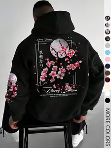 Men's Floral Print Drop Shoulder Thermal Lined Hoodie, Graphic Print Hoodie, Fashion Casual Regular Fit Drawstring Pocket Hooded Sweatshirt, Casual Streetwear Sweatshirt for Daily Holiday Outdoor Wear, Men Clothes for Fall & Winter