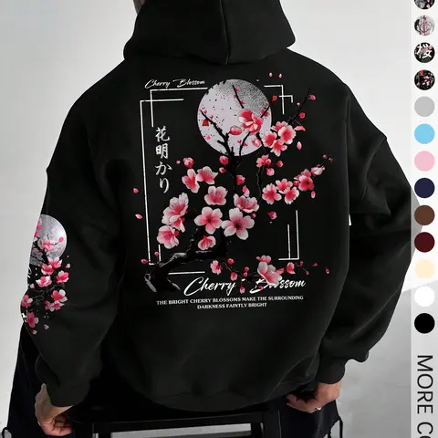 Men's Floral Print Drop Shoulder Thermal Lined Hoodie, Floral Hoodies, Fashion Casual Regular Fit Drawstring Pocket Hooded Sweatshirt, Casual Streetwear Sweatshirt for Daily Holiday Outdoor Wear, Men Clothes for Fall & Winter
