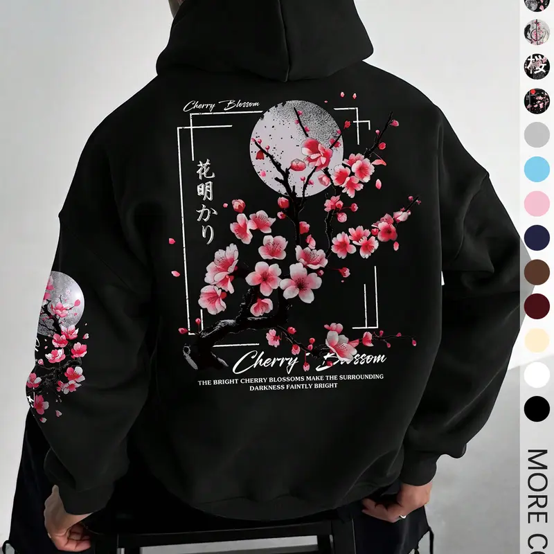Men's Floral Print Drop Shoulder Thermal Lined Hoodie, Floral Hoodies, Fashion Casual Regular Fit Drawstring Pocket Hooded Sweatshirt, Casual Streetwear Sweatshirt for Daily Holiday Outdoor Wear, Men Clothes for Fall & Winter