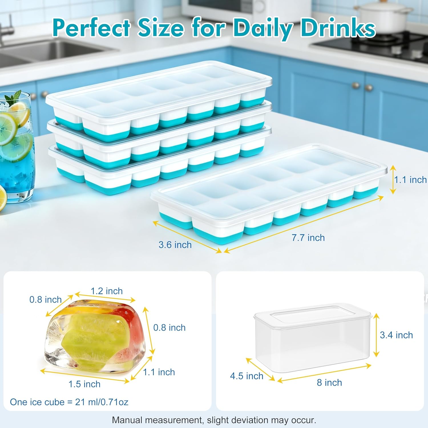 Ice Cube Tray with Lid & Bin - 4 Pack Stackable Silicone Trays for Freezer with Storage Container, Leak-Proof Lids, BPA-Free, Easy Release for Kitchen, RV, Cocktail, Party, Coffee & Drinks