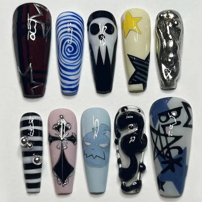 T92 Lynn Gothic Skull Spiral 3D Press-On Nails, Black Star Art, Y2K Handmade Nails, Dark Aesthetic Vibes, Gift for Her