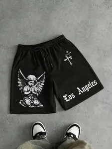 'child of God' Angel Print Graphic Shorts, Lightweight Polyester Fabric, Casual Fitted Design, Vintage Faith Style, Daily Wear