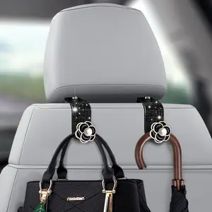 2 Park Bling Car Accessories Hooks,Bling car seat headrest Hooks Purse Holder for Car(Black Flower)