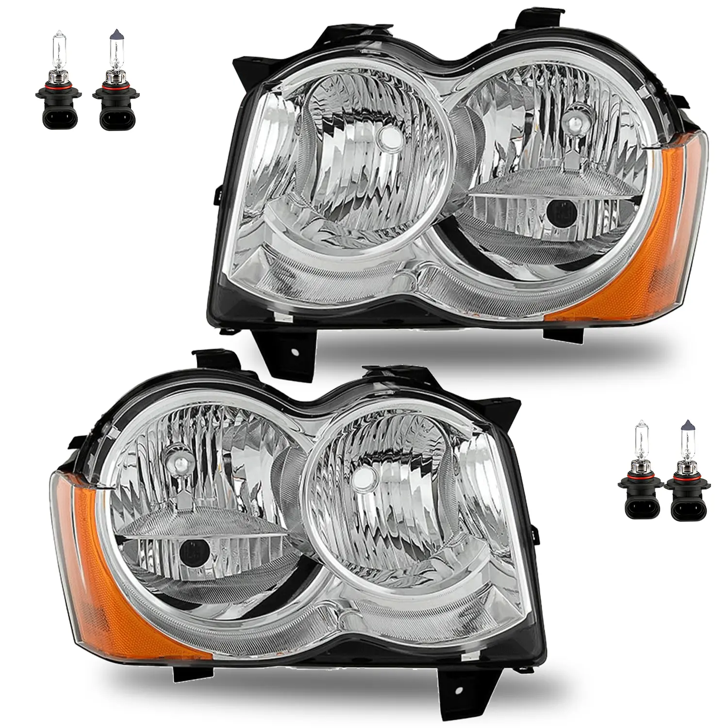For 2008-2010 Jeep Grand Cherokee Chrome Amber Side Headlights L+R With Bulbs