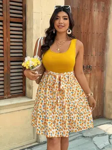 Elegant Boho Ditsy Floral Patchwork Sleeveless Dress for Plus Size Women, Perfect for Summer Vacation, Beach, Parties, Casual Wear