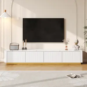 Modern Fluted TV Stand for TVs Up to 85", Faux Marble MDF Media Console with 4 Drawers & Ample Storage, Curved Profile, Golden Base Entertainment Center for Living Room, White