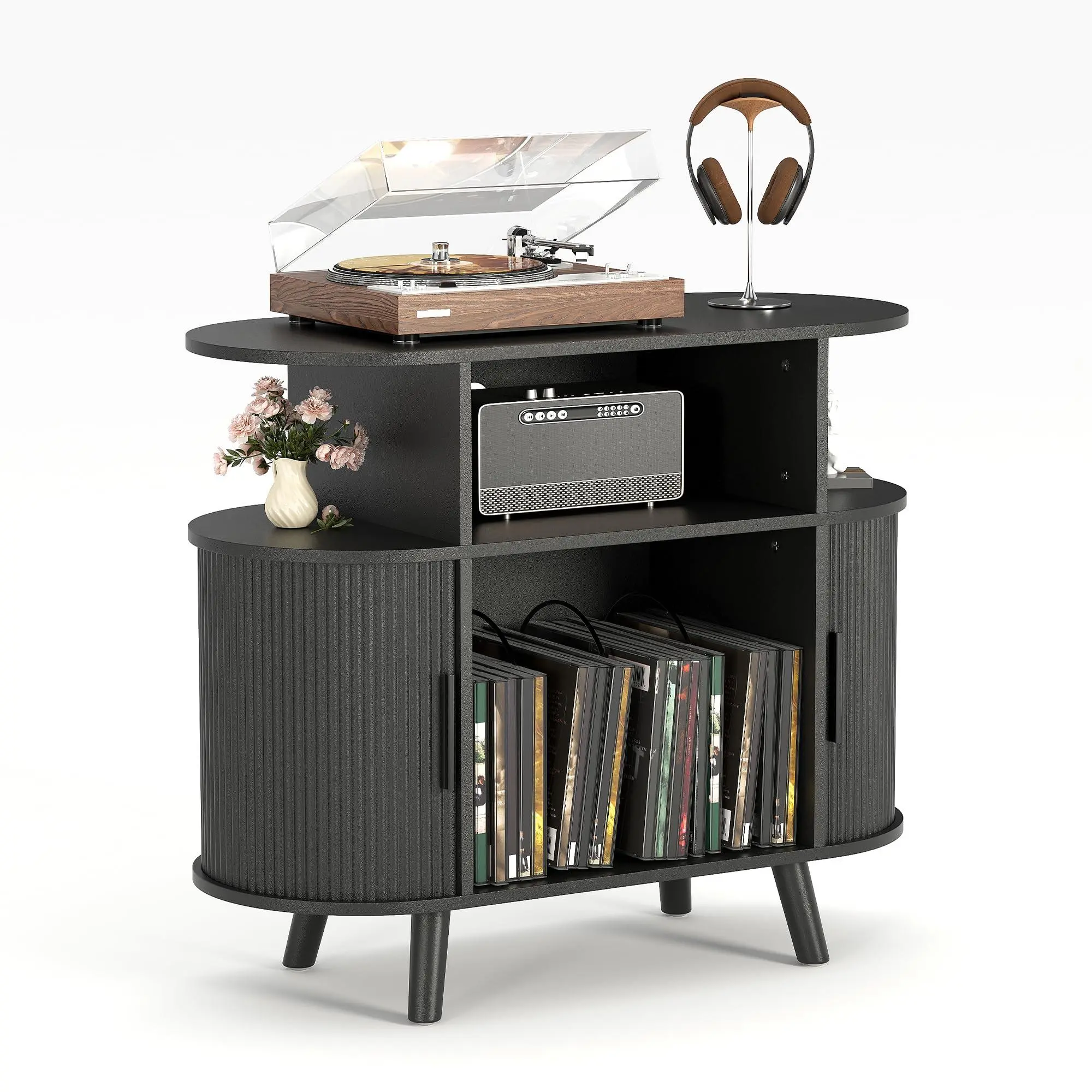 35in Fluted Mid-Century Record Player Stand with Charging Station, Display Shelf & Arched Cabinet, Black