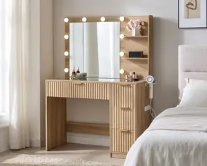 [SummerVibes]AMERLIFE 36.2/47.2" Fluted Vanity Desk with Mirror and Adjustable LED Lights, Large 4/7 Drawers Makeup Table with Glass Top and Charging Station for Women and Girls,,Best Gift Ideas/Christmas Gifts