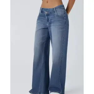 Warmingo Asymmetric Low Rise Zipper Pockets Baggy Wide Leg Washed Casual Jeans for All Seasons Women's Streetwear Bottoms Womenswear Elastic Style Pants Trouser Denim Denim Basic Minimalist