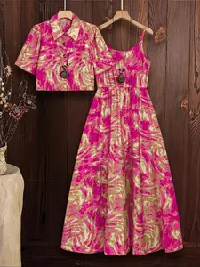 【Plus Size】 Floral Print Tie Shoulder Cami Dress & Top Set, Boho Sleeveless Spaghetti Strap Midi Dress & Top for Beach Holiday Vacation, Boho Casual Wear, Women's Two-piece Outfits for Summer, Casual