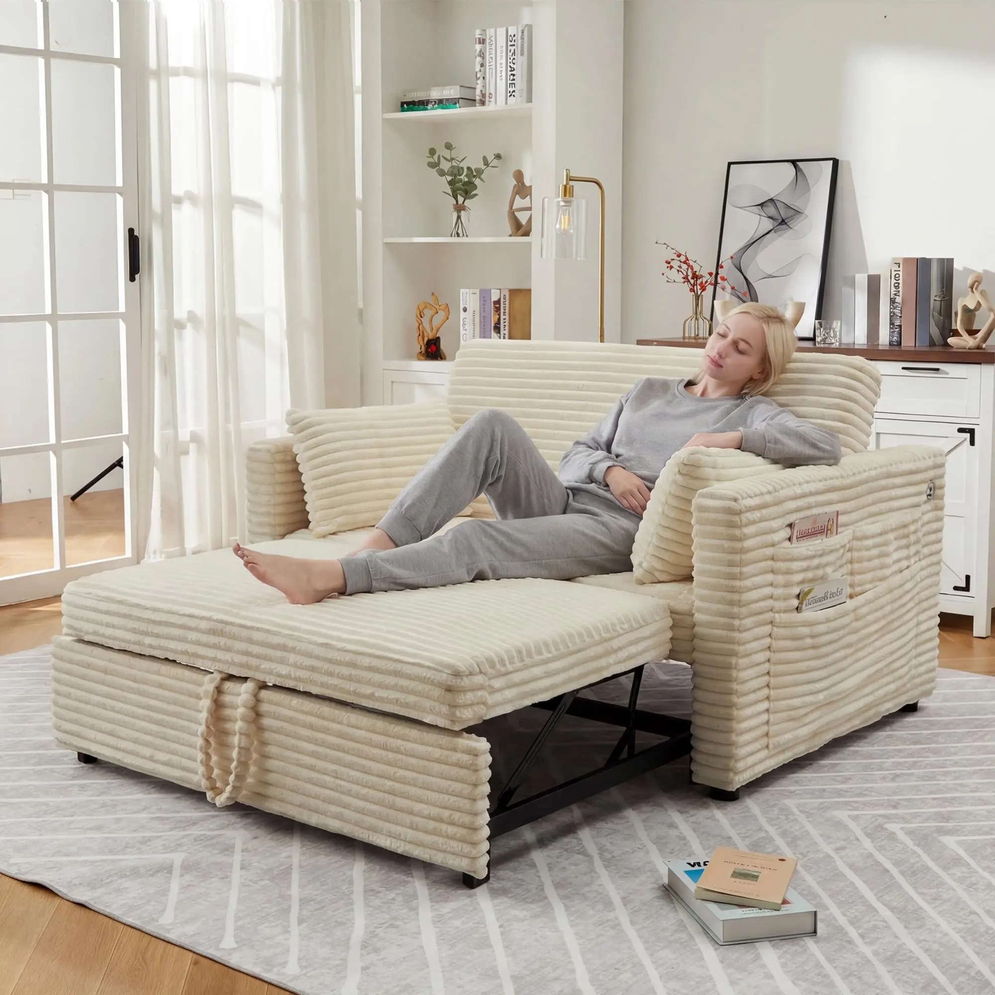 Corduroy White Loveseat Sleeper Sofa Bed - 55'' Deep Seat Pull-Out Bed with Adjustable Backrest, Charging Station, Side Pockets for Living Room, Bedroom