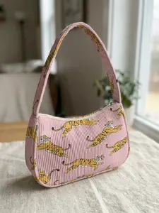 1 piece of pink base tiger pattern 2D printed corduroy shoulder bag, Fashionable Patterned Bag, vintage style | daily commute / date shopping / outing all-rounder | both aesthetic and practicality are online, taste carrying on the body