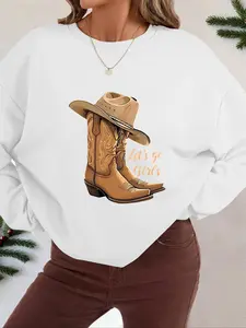 Women's Cowboy Boots & Letter Print Drop Shoulder Sweatshirt, Casual Long Sleeve Round Neck Pullover for Fall & Winter, Women's Clothes for Daily Wear