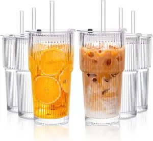 8 Pack Ribbed Glass Cups with 8 Lids 8 Straight Straws 8 Cups 2 Brushes + 4 Pack Unribbed Glass Cups with 4 Straight Straws 4 Wooden Lids 4 Plastic Lids 2 Brushes 1 Cup Brush Multi Set Glass Drinkware Combo