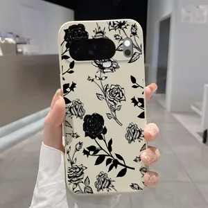 Rounded Edge Phone Case for Google Pixel 10 9 8 7 Pro A XL Monochrome Roses Pattern Shockproof Liquid Silicone TPU Bumper Drop Protection Cover Smartphone Casing