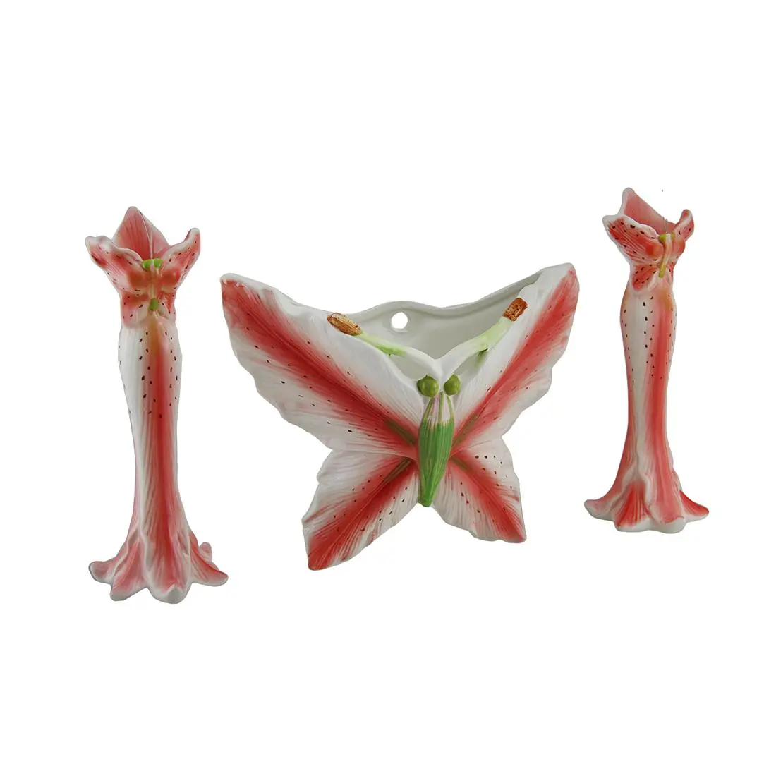 3 Pc. Pink Tiger Lily Flower Candle Holder and Butterfly Vase Set