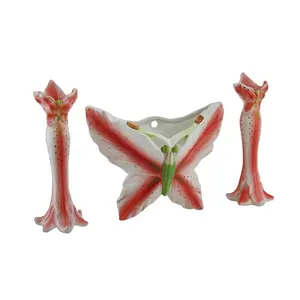 3 Pc. Pink Tiger Lily Flower Candle Holder and Butterfly Vase Set