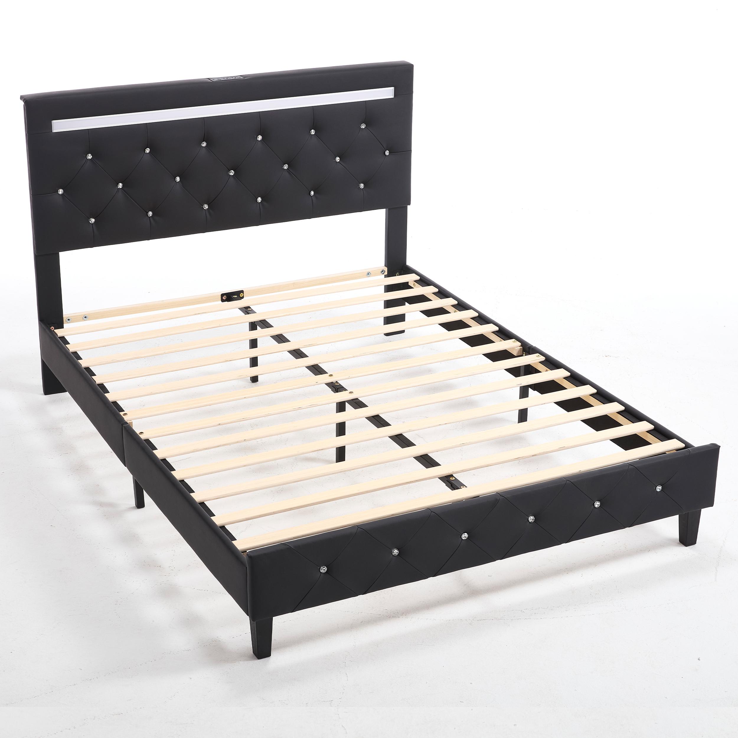 Queen Size Modern Platform Bedframe - Faux Leather Contemporary Upholstered Bedframe with RGB LED Light Headboard, Crystal Button Tufting, Adjustable Headboard, USB Port Charging Station, Sturdy Wood Slats, Hidden Storage, No Box Spring Needed, Black