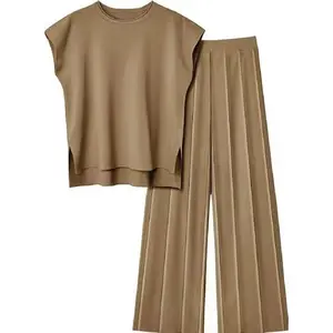 spring knitted suit solid color sleeveless top wide leg nine-point pants two pieces Leopard Print Elegant Two-Piece Set loungewear sweat Applique Shorts kbandeau 2pieceset knit pink brandy melville matching Ruffled Black Skirt