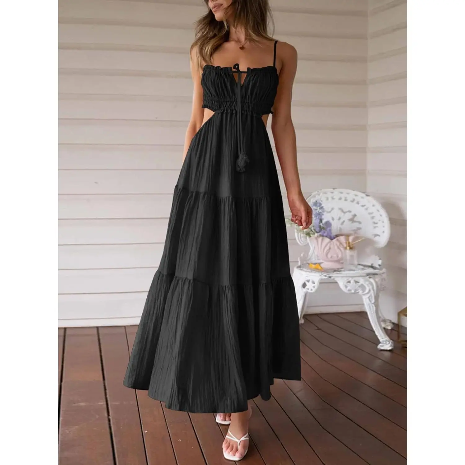 Women's Boho Casual Spaghetti Strap Maxi Dress - Summer, Sleeveless, Side Cut-Out, Backless, Flowy, Blue, Black, Maxi Dress for Women, Backless Cutout Casual Dresses