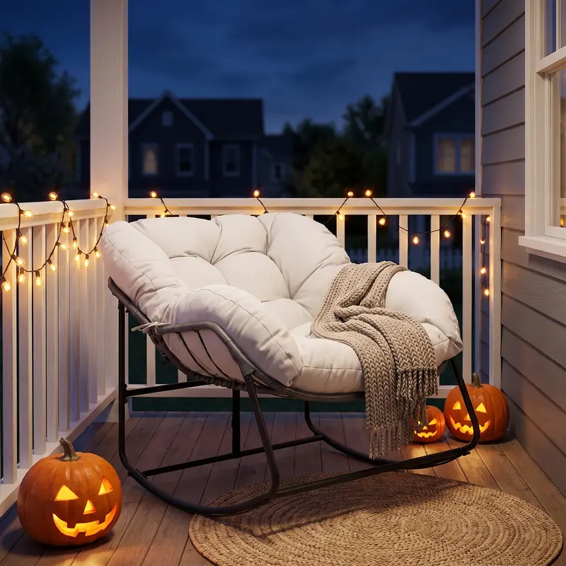 RIWENGO Oversized Outdoor Rocking Chair with Thick Cushion,Maximum 450lbs Capacity, Indoor Egg Rocking Chair with Adjustable Backrest for Backyard, Balcony, Living Room,Halloween and Christmas gifts