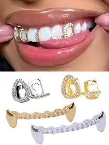 1pc 14K Gold Plated Teardrop Grillz with Cubic Zirconia, Hollow Heart Design,Fashionable Statement Trendy Hip-Hop Tooth Jewelry for Black Women, Girls, Men. Sparkling CZ Accents, Elegant Bold Style. Perfect for Parties, Halloween, Cosplay Gifts!