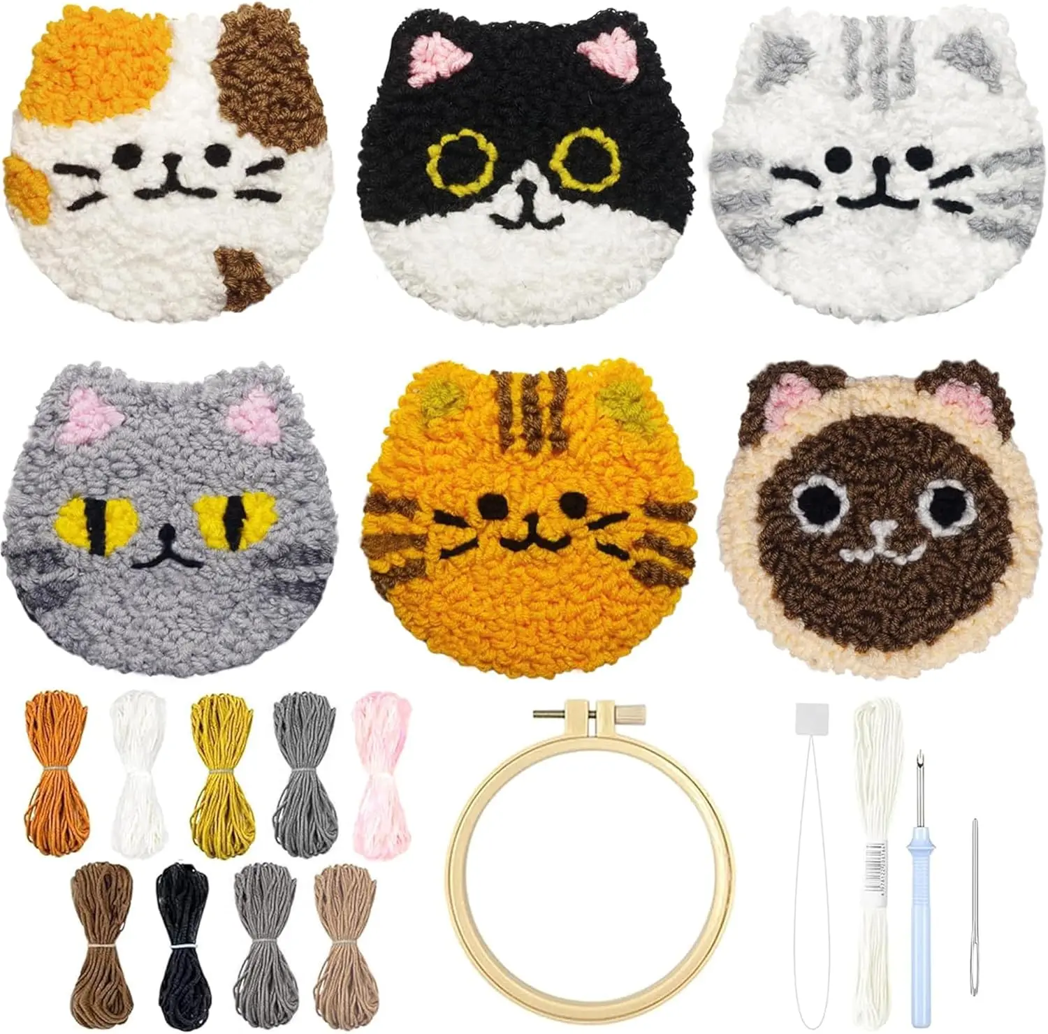 Punch Needle Coasters Kit, Punch Needle Kits Adults Beginner, Cat Coasters Kit with Adhesive Felt, Yarns, Embroidery Hoop, Instruction