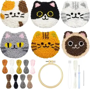 Punch Needle Coasters Kit, Punch Needle Kits Adults Beginner, Cat Coasters Kit with Adhesive Felt, Yarns, Embroidery Hoop, Instruction