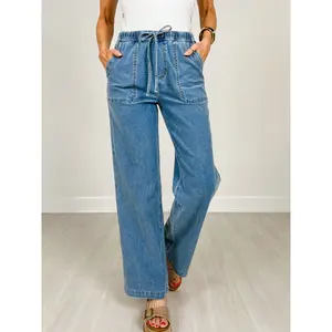 Knit Denim Wide Leg Pull On Pants