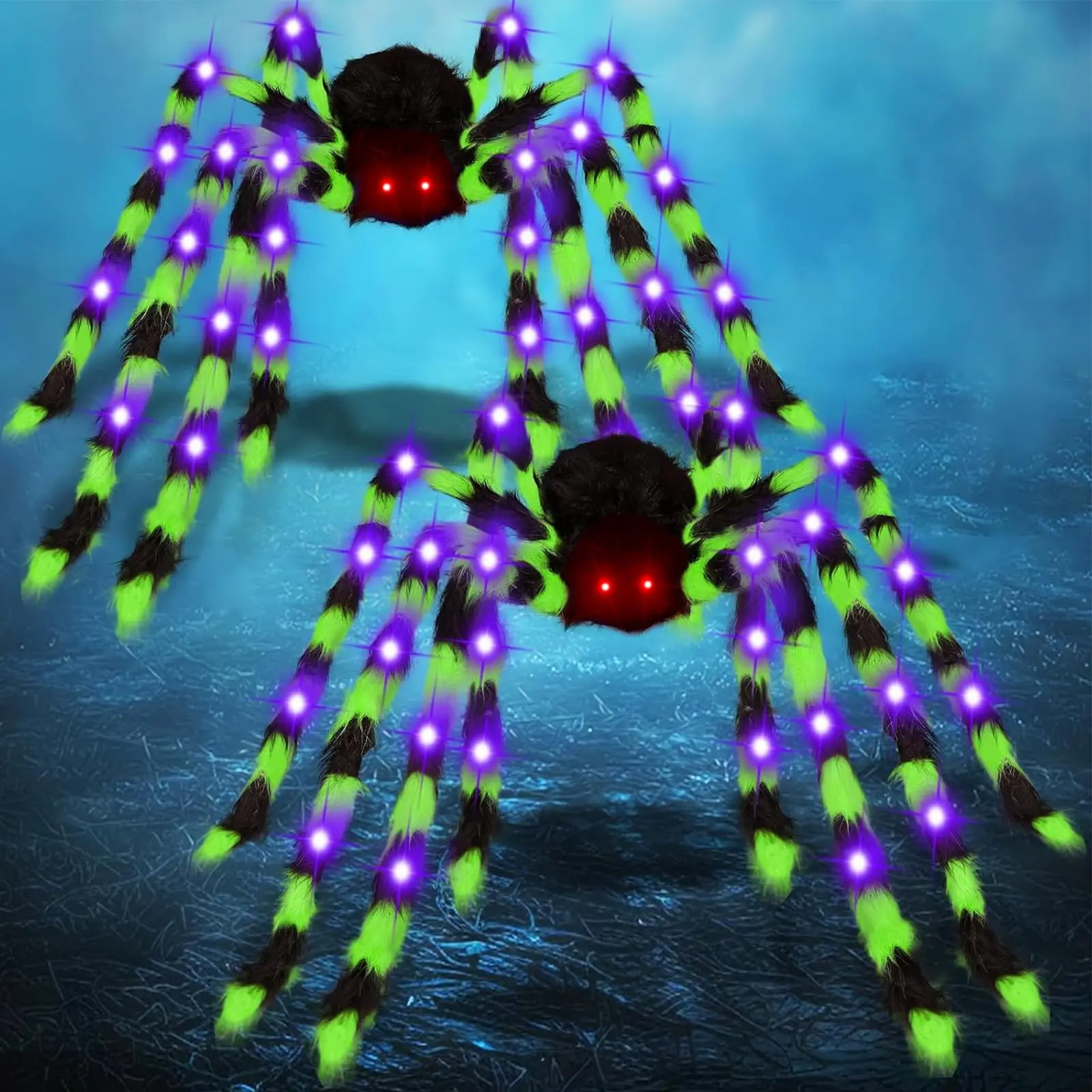 2 Pack 50 Inch Giant Halloween Light up Spiders Outdoor Decorations | Scary Giant Spider with 26 LED Lights, Fake Large Spider for Indoor Outside Haunted Party Favor Yard Home Props Decor