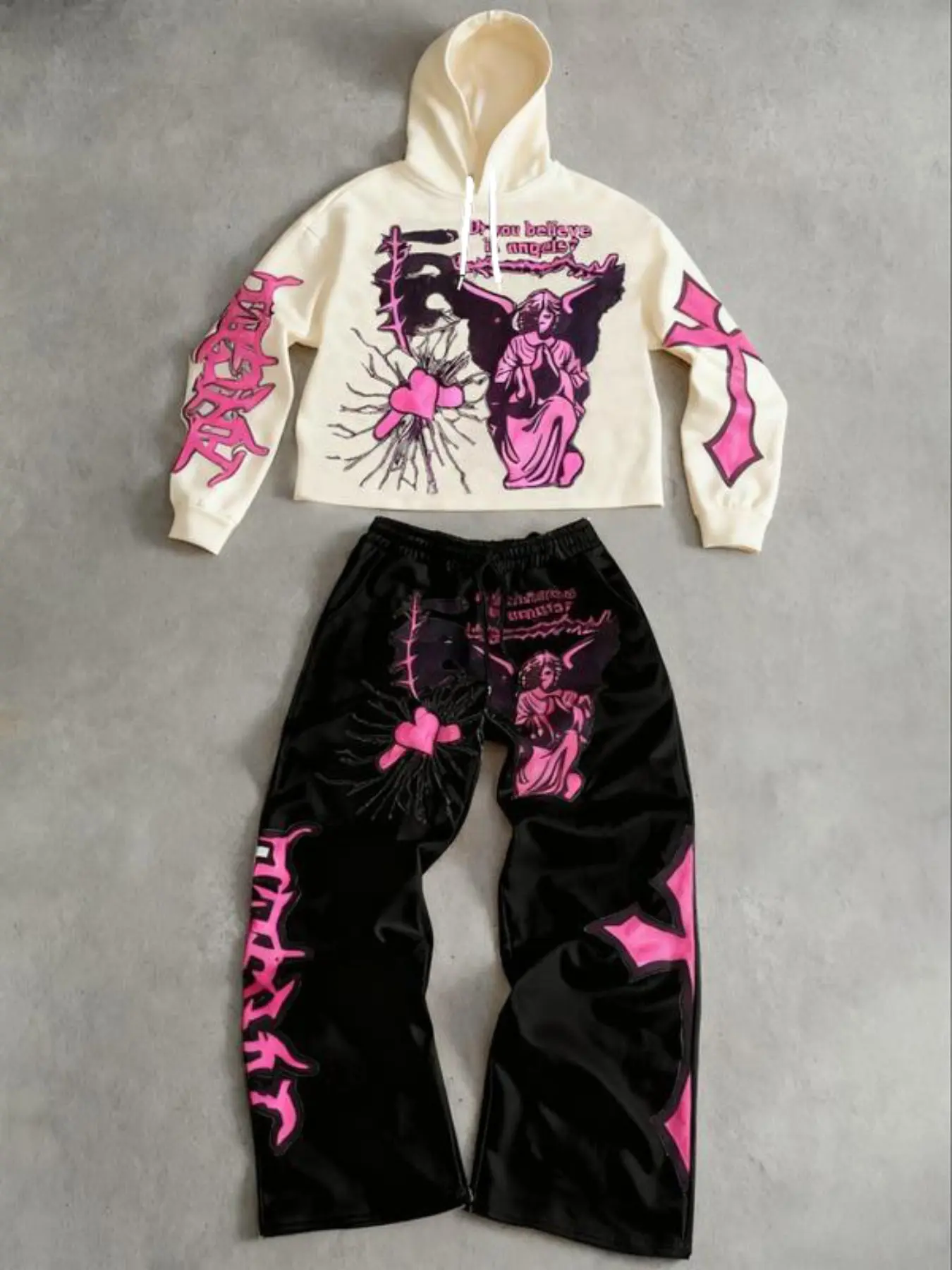 Street Style Hooded Matching Set, Casual Clothing Set, Main Color, Top with Angel Print, Loose Fit Pants, Trendy for Casual Wear Streetwear