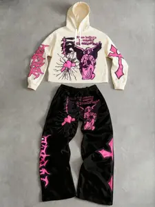 Street Style Hooded Set, Main Color, Top with Angel Print, Loose Fit Pants, Trendy for Casual Wear
