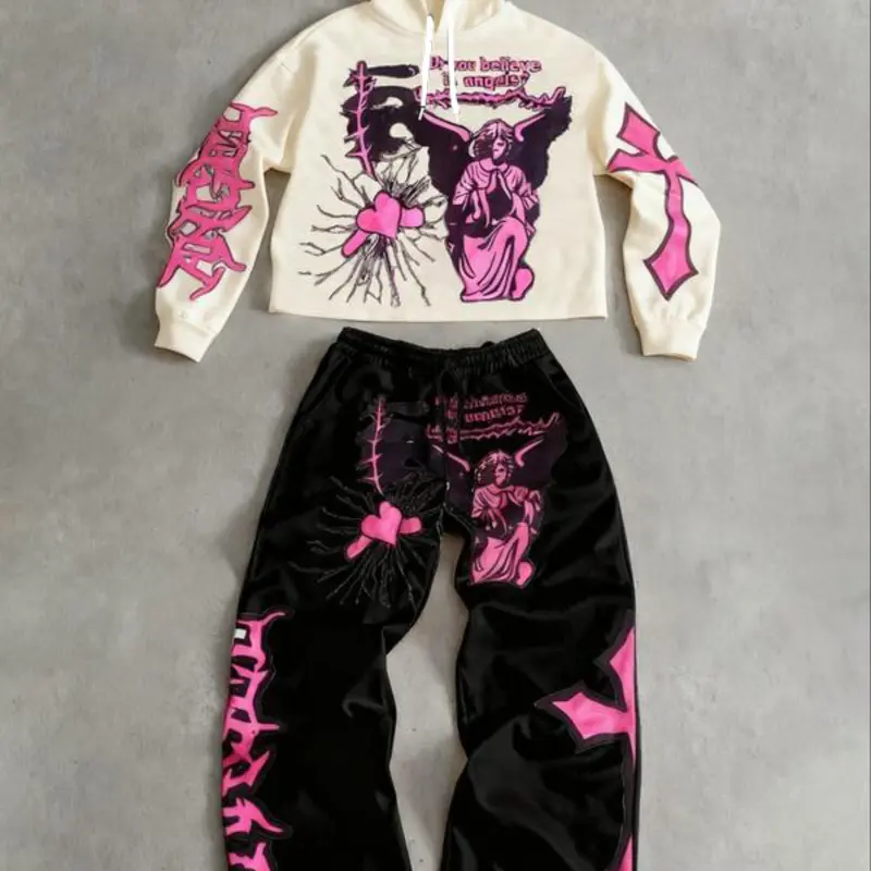 Street Style Hooded Matching Set, Top with Angel Print, Loose Fit Pants, Trendy Casual Streetwear Outfit, Hooded Sweatshirt Set