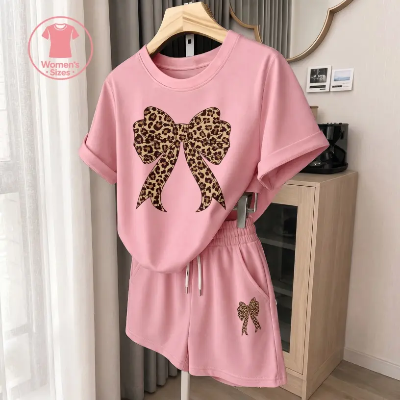 Women's Breathable Leopard-Print Bow Graphic 2-Piece Clothes Set - Crew Neck Short-Sleeve T-Shirt, Loose Drawstring Waist Shorts, Minimalist Outdoor Style, Casual Summer Fit for Daily, Athletic Wear
