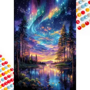 5D DIY Full Diamond Round Diamond Painting - Diamond Art Painting Kit Aurora Forest Lake Mosaic, Canvas - DIY Home Decoration Painting, Wall Decor, Suitable for Halloween, Christmas, Birthday, and Anniversary Gifts