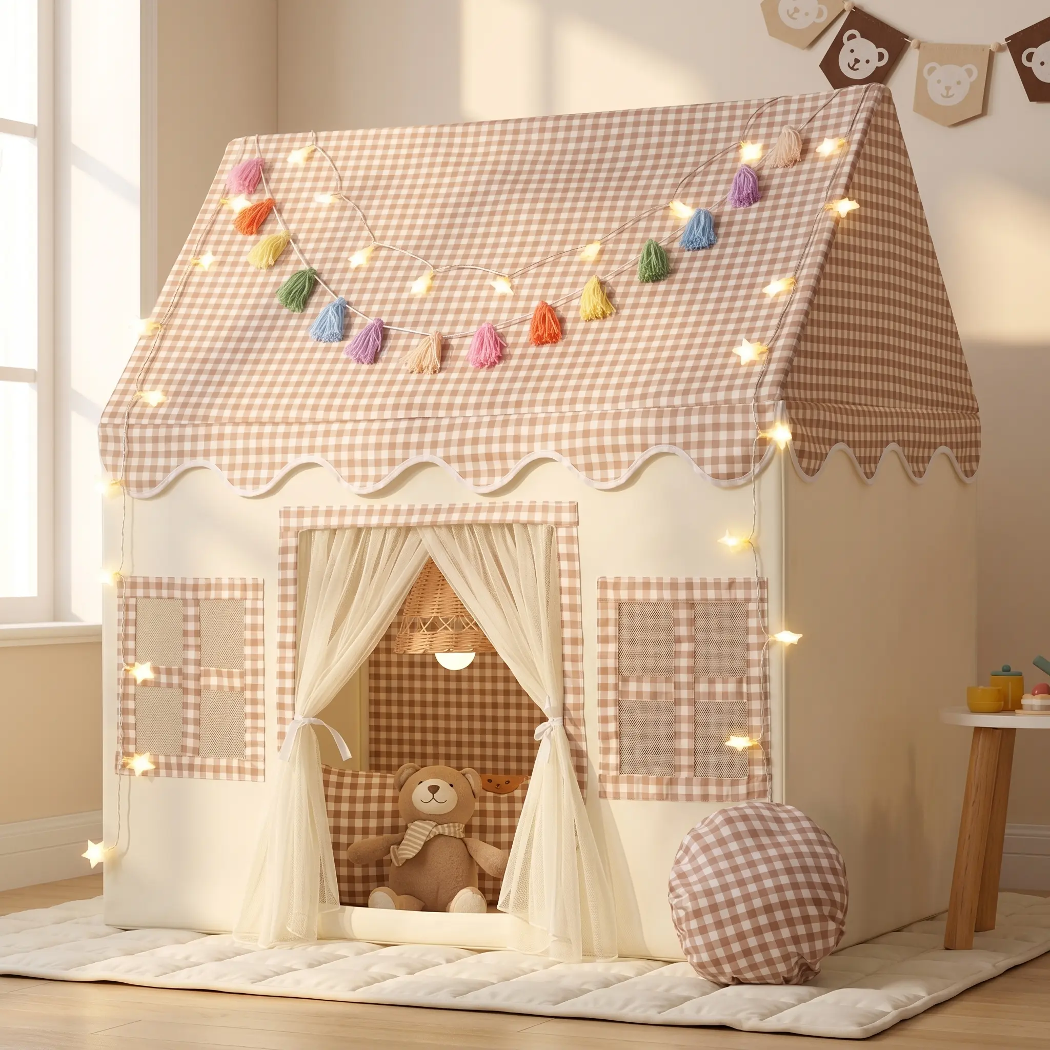 Apojungle Cozy Gingham Kids Play Tent | Dreamy Indoor Playhouse for Toddlers.Cute Kids Play Tent with Star Lights | Perfect for Cozy Bedroom Nooks