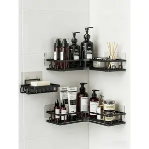 3PCS No-Drill Bathroom Corner Shower Caddy Set, Rustproof Black Metal Wall Mounted Organizer with Soap Holder, Waterproof Adhesive Shelves for Bathroom & Kitchen Storage, Bathroom Organization