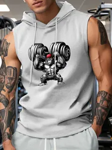 Men's Gorilla Lifting Weights Graphic Sleeveless Hooded Gym Tank Top, Athletic Streetwear Style, Quick-Dry Breathable Fabric, Deep Armholes & Drawstring Hood, Ideal for Gym Sessions, Weightlifting & Trendy Casual Wear, Perfect for Fitness Enthusiasts