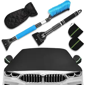 Frost With Side Mirror Cover Snow Scraper Brush And Glove Waterproof Ice Removal Guard Wiper Protector Black