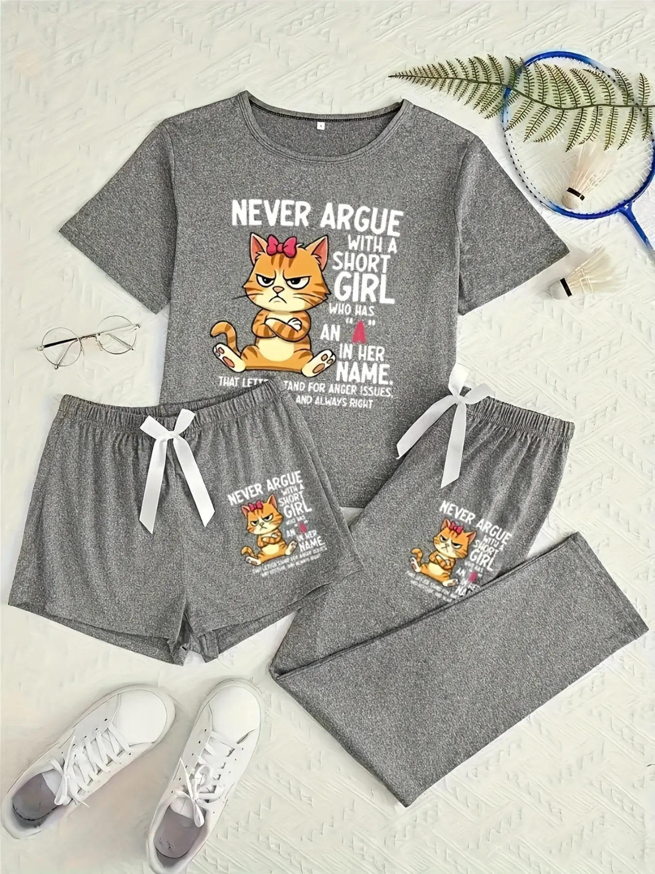 Cute Cat Three-Piece Homewear Set, Nightwear, Casual Cartoon Pattern, Loose-Fitting for All Seasons, Comfortable Loungewear for Adults, Pajamas Set