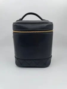 Pre-owned PRADA LEATHER As Shown CHANEL Vintage Vanity Case Cosmetic Bag Black with Quilted Design and Gold Zipper