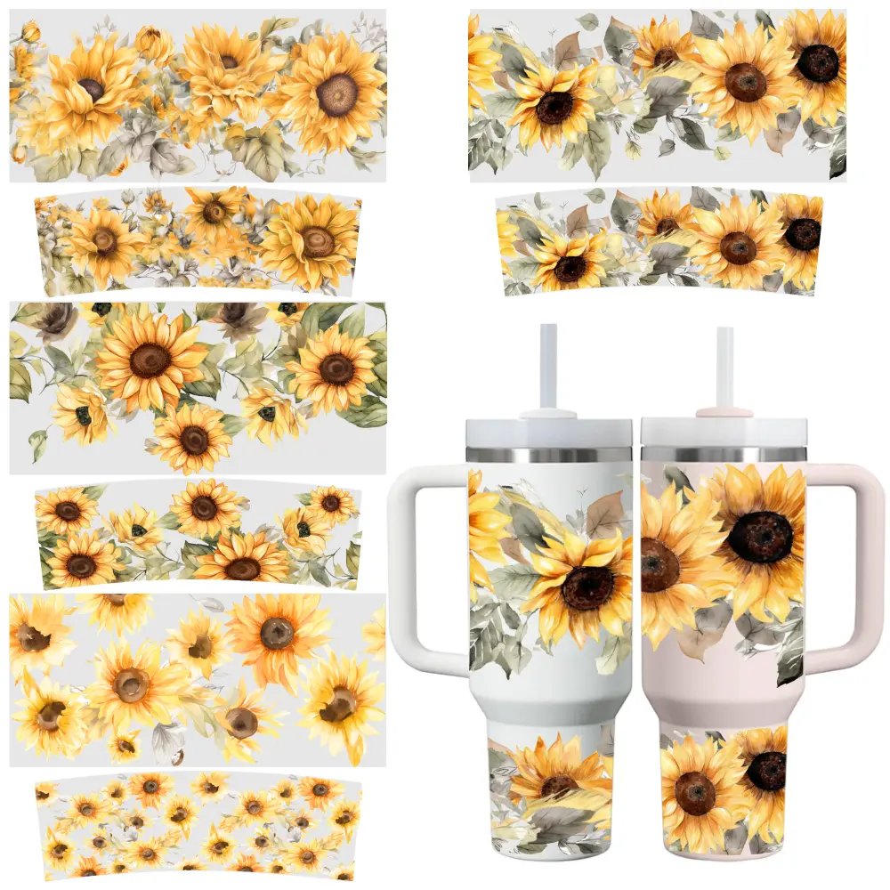 4 Sheets Sunflower Design UV DTF Stickers - Waterproof Decal for 40oz Tumblers, Coffee Mugs, DIY Craft Decor Accessories (Side, Eyes Transfer Stickers)