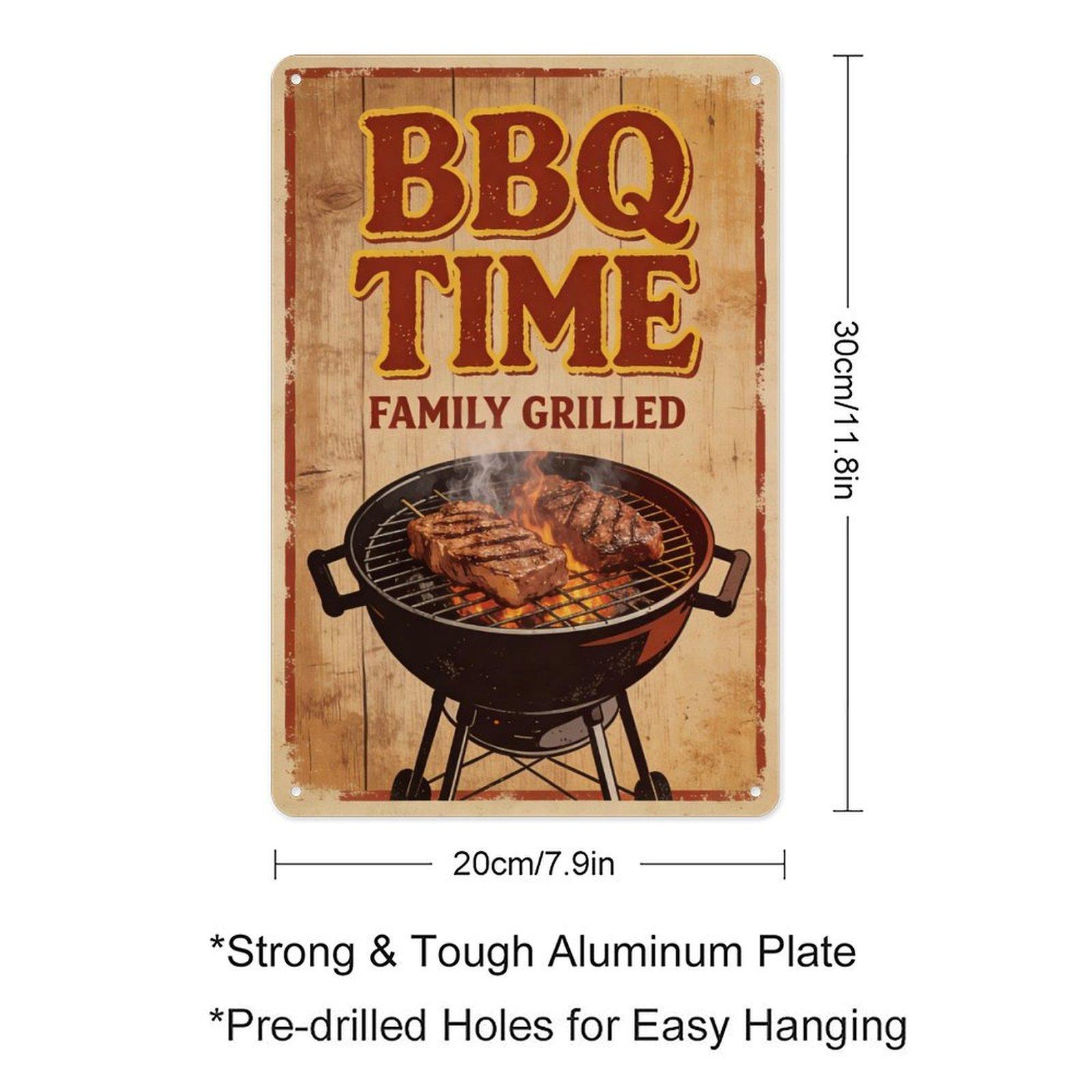 BBQ Time Family Grilled Vintage Metal Tin Sign 8x12 Inch (20×30cm) - Retro Grill Wall Decor, Funny Outdoor Patio Sign, Perfect for Backyard, Man Cave, Barbecue Gift