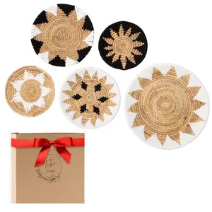 Boho Wall Basket Decor with Intricate Macrame Woven Design | Seagrass Rattan Wicker Round Basket | Handmade set of 5 | Decorative Basket for Rustic Wall Art, Home, Office, Kitchen, Farmhouse, & Living Room Decoration Wall Decor Baskets Hanging Ornaments