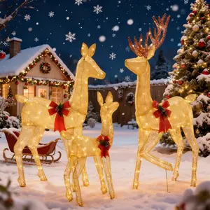 3-Piece Lighted Christmas Deer Family Set, Large Outdoor Yard Reindeer Holiday Decoration, 5.3Ft with 360 Bright LED Warm Lights Standing Reindeer, Lawn Decor, Indoor Outdoor Front Yard Holiday Decoration, Stakes, Zip Ties, Gold