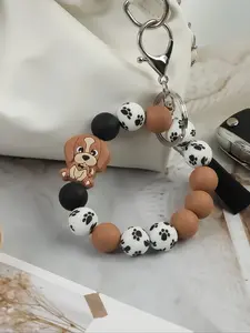 Cartoon Animal Beaded Keychain Bracelet, 3D Dog Silicone Key Ring, Beads with Puppy Pattern, Trendy Cute Keychain, Fashion Accessory Gift