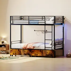 Twin over Twin Bunk Bed with USB Charging Station, Able to Split, Heavy-Duty Metal Bunk Bed Frame, Storage Space, Bed with Safety Guardrail & Ladders, No Box Spring Needed, Noise Free
