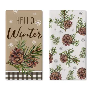 Hello Winter Brown Kitchen Dish Towel, Pine Cones Branches Snowflakes Drying Hand Towel Baking Cooking Cloth, Christmas Buffalo Plaid Farmhouse Home Decoration 18 x 26 Inches